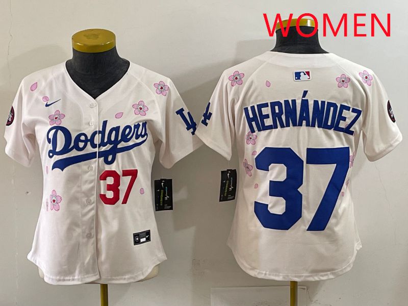 Women Los Angeles Dodgers #37 Hernandez Cream Sakura Edition 2025 Nike MLB Jersey style 33